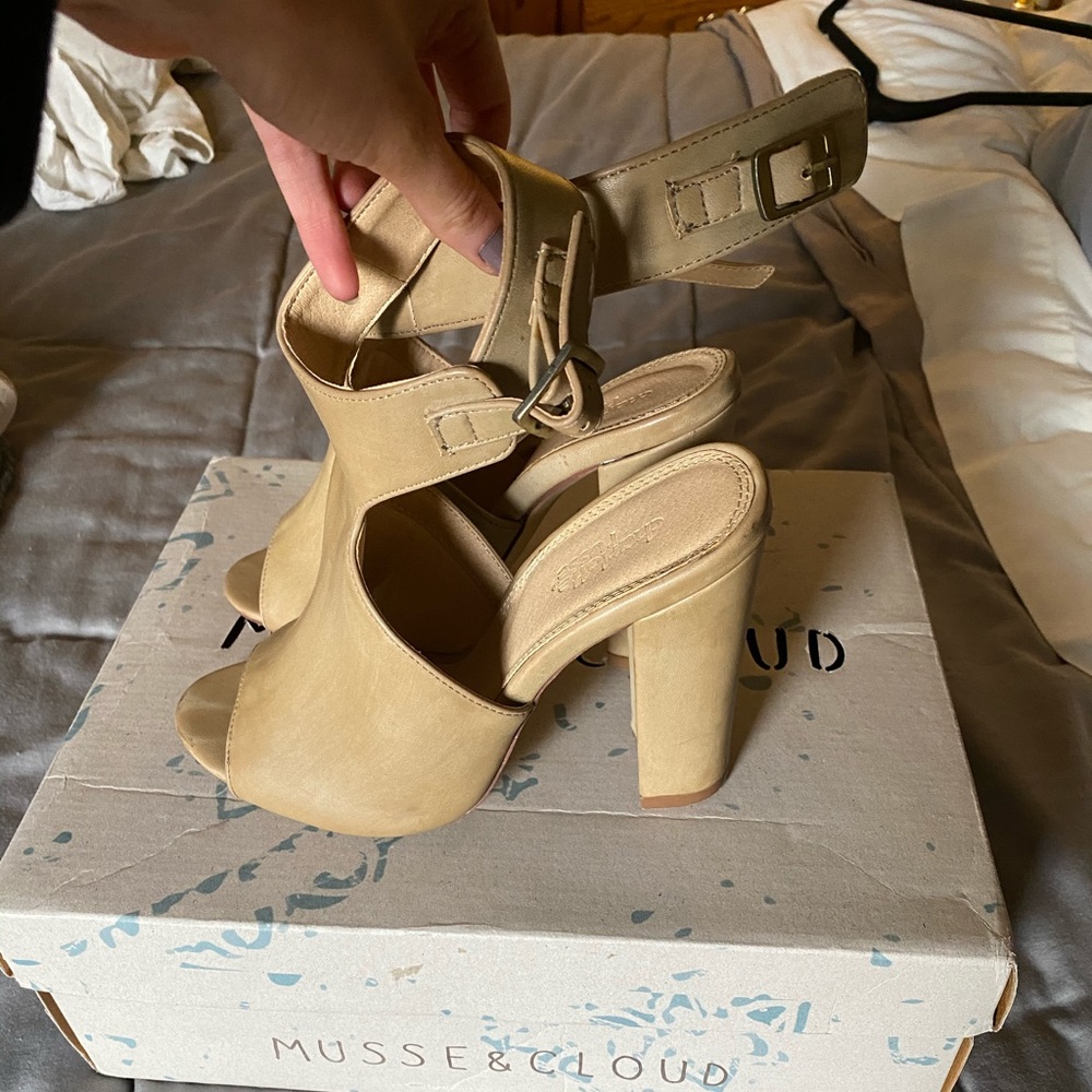 Tan open toe heels